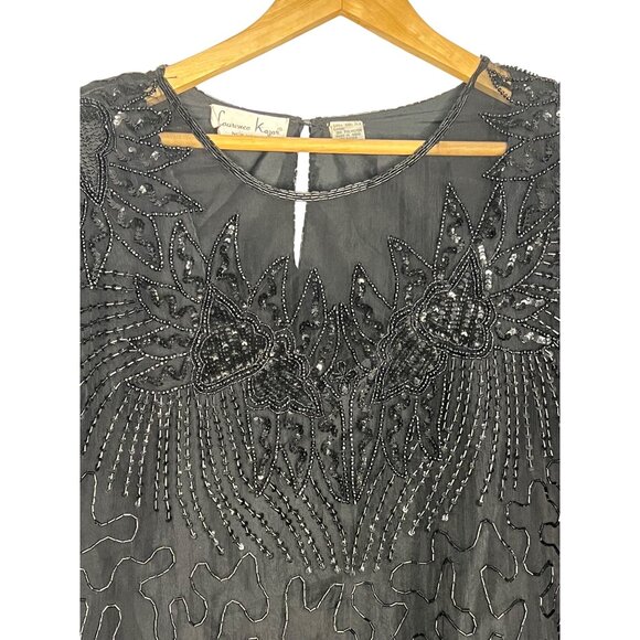 Vintage Laurence Kazar Black Beaded Silk Top 3X Short Sleeve Party Elegant sheer - Picture 3 of 16